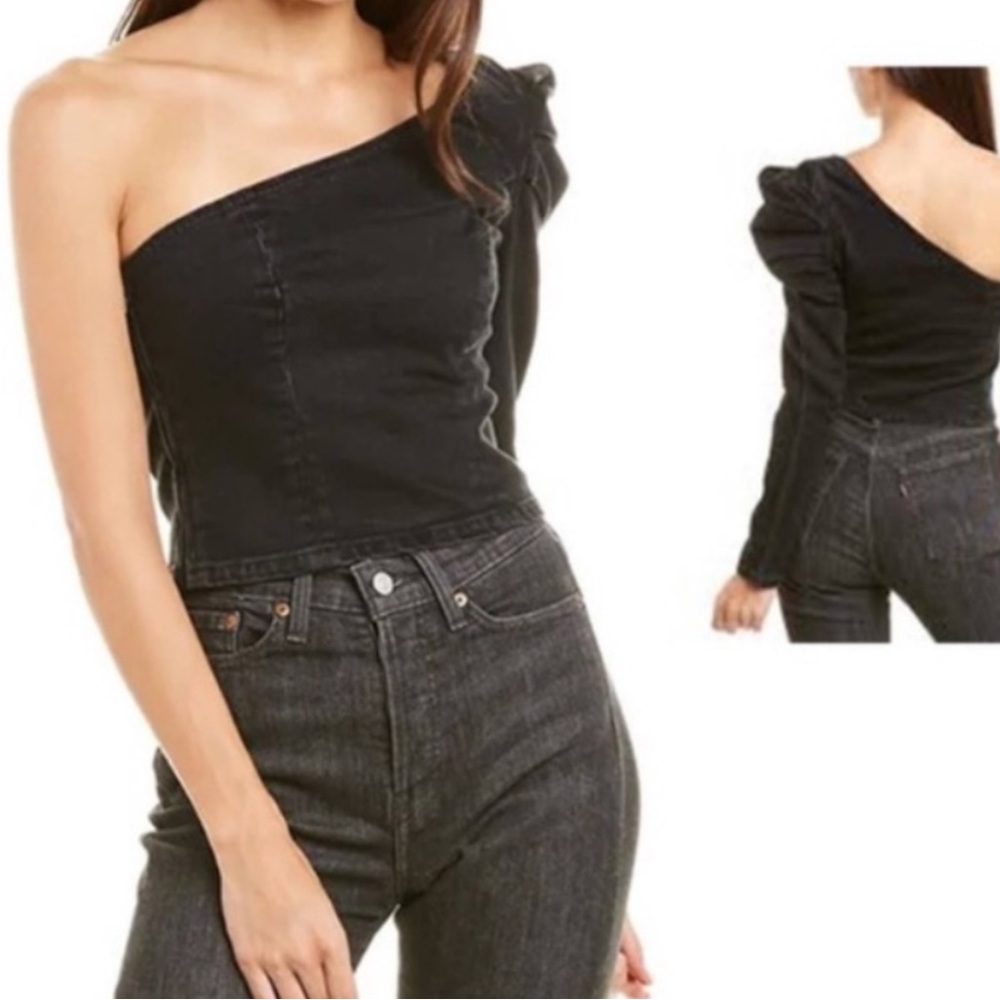 GRLFRND Black Denim Kyla Medium NWT One Shoulder Top One Sleeve